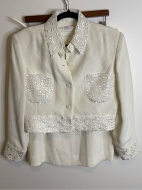 Vintage nipon night Cream Sequin-Trim Skirt Set Jacket size 8